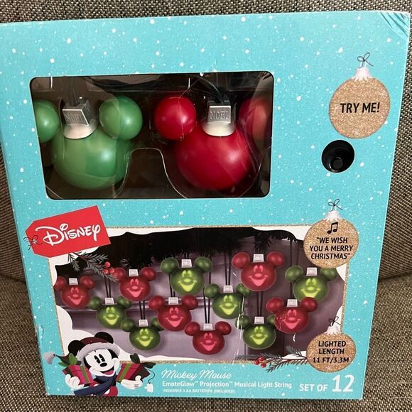 Disney Mickey Mouse Ears Red and Green Musical String Lights- Set of 12 - Picture 1 of 3